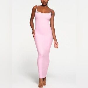 SKIMS Long Slip Dress Fits Everybody Lace in Cherry Blossom Pink Lana Del Rey